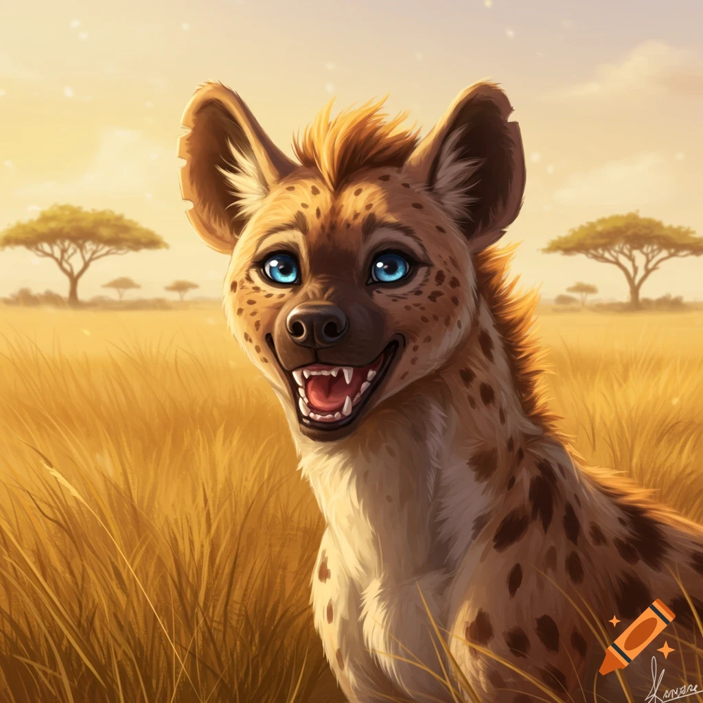 A happy, smiling, stylized hyena with bright blue eyes and spotted fur stands in a golden savanna with acacia trees in the background.