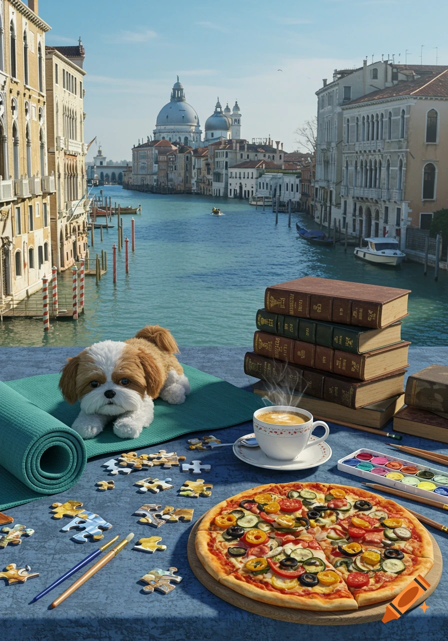 Photorealistic still life overlooking Venice canals featuring a Shih Tzu dog, pizza, coffee, books, puzzle pieces, and art supplies.