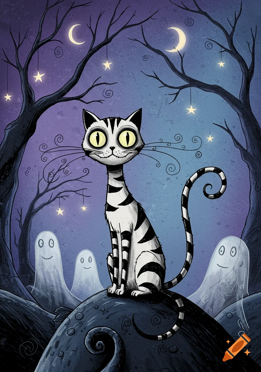 A stylized black and white striped cat with large yellow eyes sits on a dark hill, with three smiling white ghosts behind it. Bare trees with hanging stars frame the scene under a purple night sky with crescent moons.