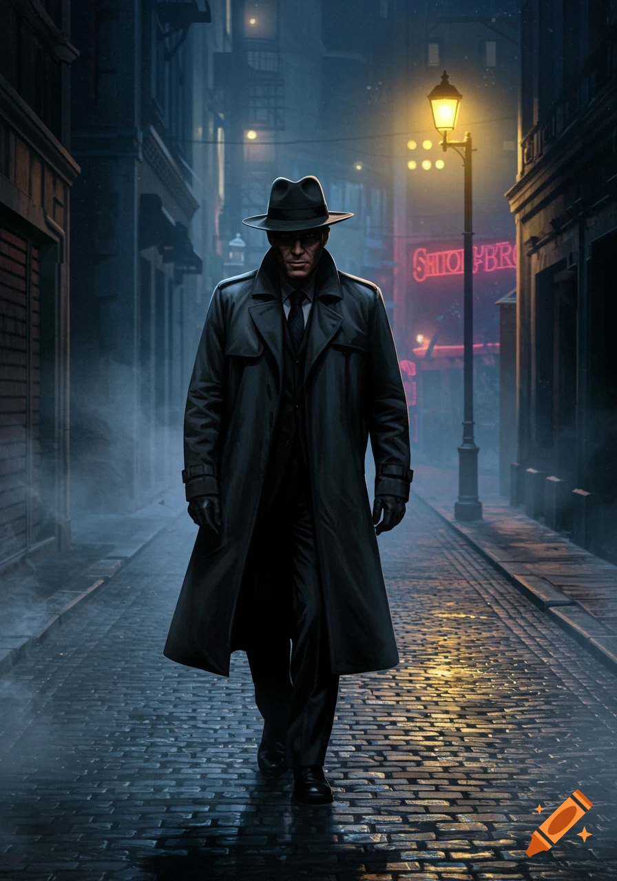 A man in a fedora and trench coat walks down a dark, misty cobblestone alley lit by a street lamp and neon sign.