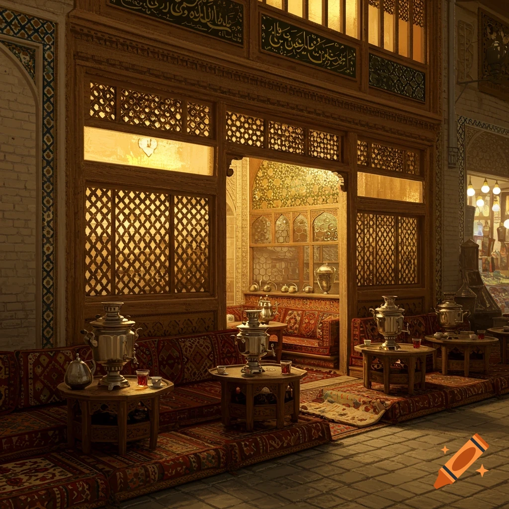 A photorealistic image of an ornate Iranian tea shop interior with intricate wooden screens, samovars, and patterned cushions.