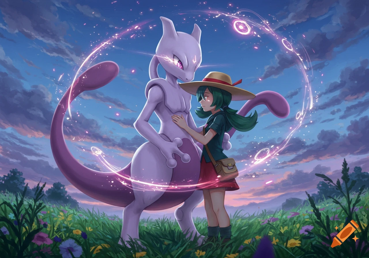 Mewtwo and a girl, Lyra, in a straw hat, embrace in a field with glowing purple magic circles under a twilight sky, anime style.