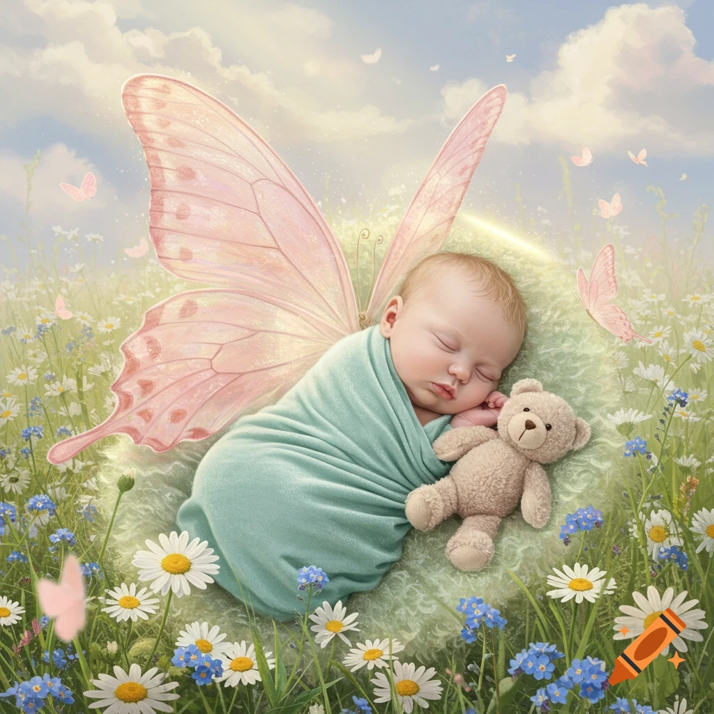 Sleeping baby with pink butterfly wings and a teddy bear in a field of daisies and wildflowers.