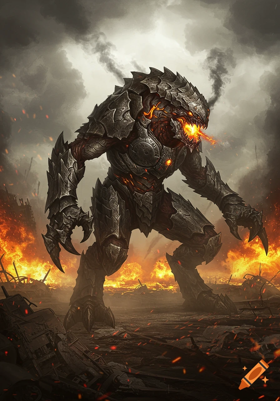 A formidable, dark armored alien monster with glowing orange eyes and chest breathes fire in a smoke-filled, fiery ruined landscape.