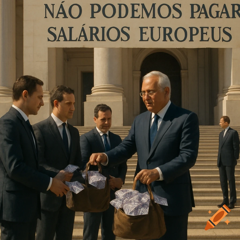 An older man in a suit hands bags of money to younger men in suits in front of a building with text 'We cannot pay European salaries'.
