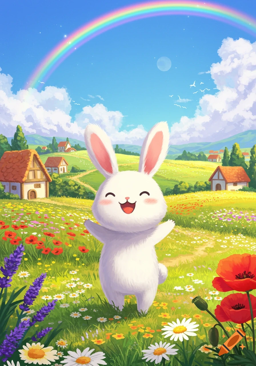 A cute white cartoon bunny smiles happily with outstretched arms in a vibrant field of flowers, with a colorful rainbow and a village in the background.