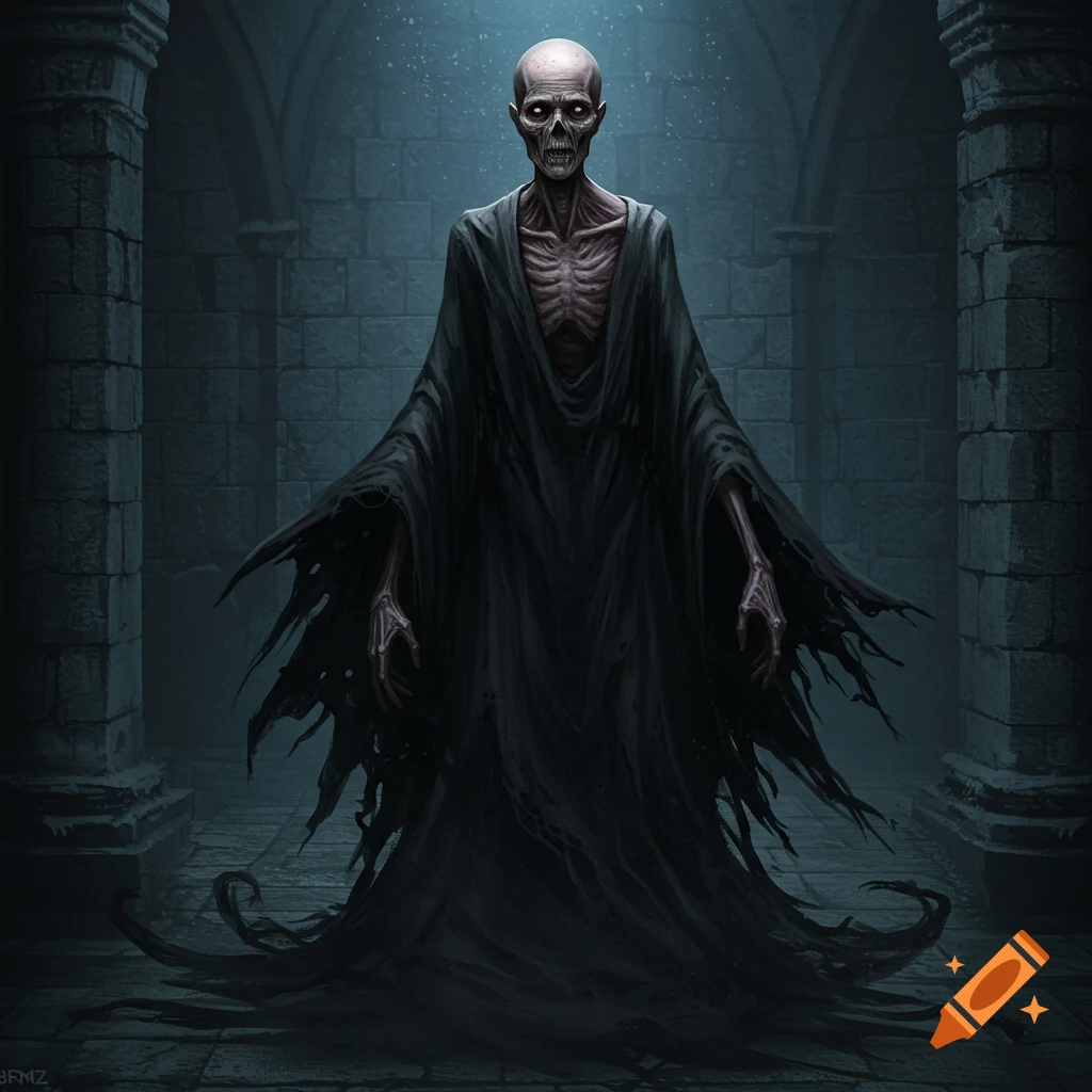 An emaciated, hairless undead creature in dark, tattered robes stands in a shadowy stone dungeon, its red eyes glowing.