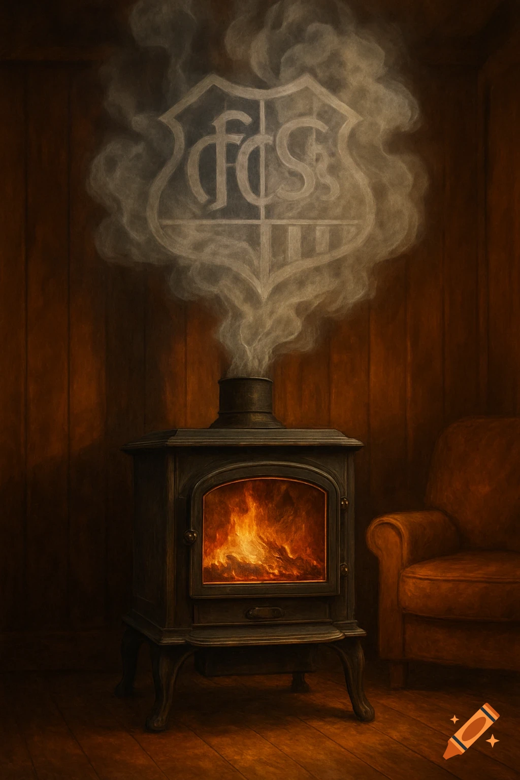 A wood-burning stove with a fire in a wooden room. Smoke forms the 1.FC Saarbrücken football club logo.