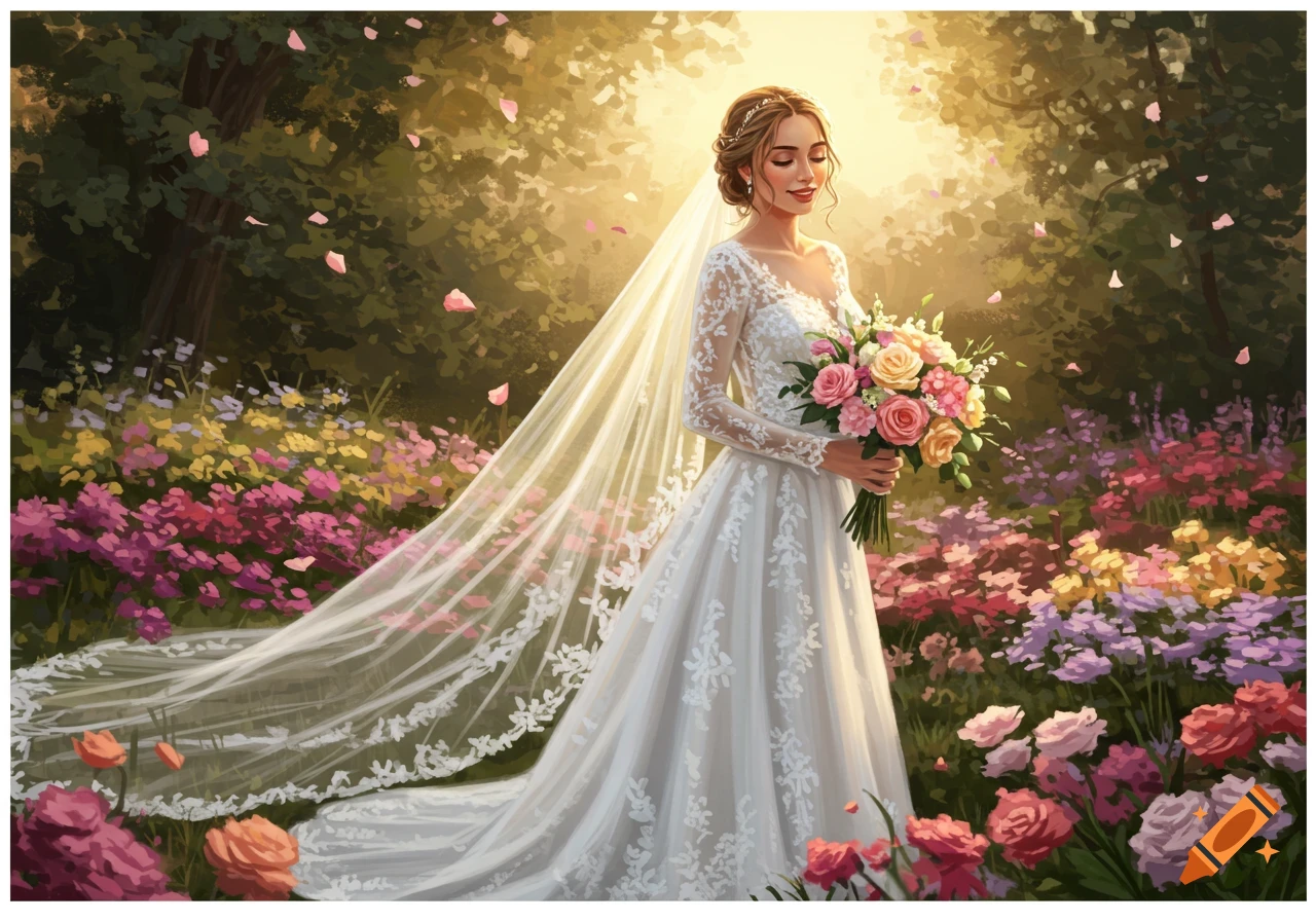A bride in a white lace wedding dress holds a bouquet of pink and yellow roses, standing in a sunlit flower garden with falling petals, in an illustrative style.