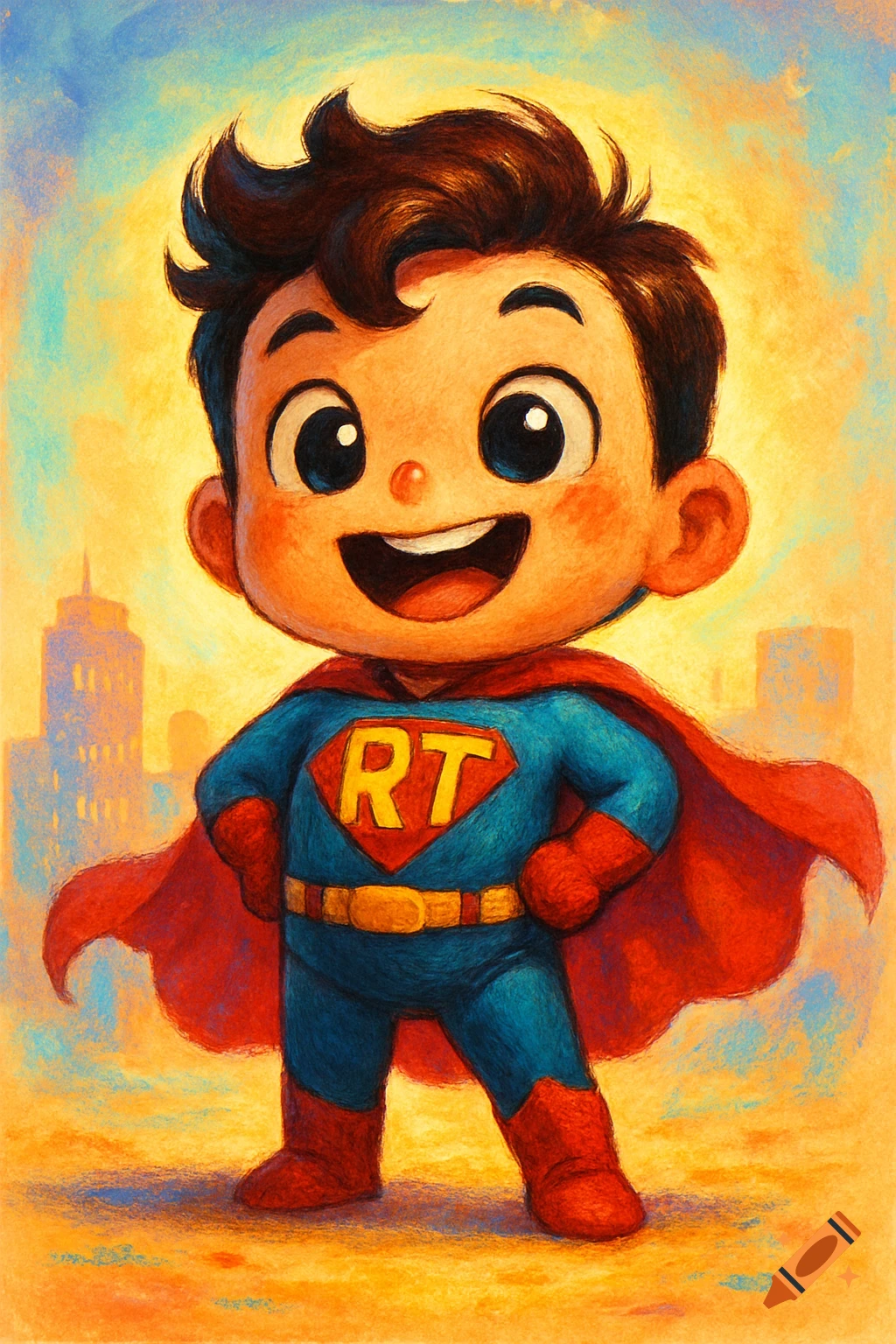 A cute chibi superhero boy in a blue suit and red cape with 'RT' on his chest, smiling against a vibrant city background in cartoon style.