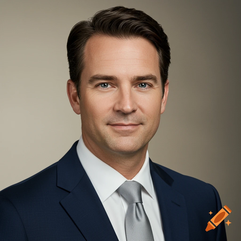 Headshot of a smiling man in a navy blue suit and gray tie against a light brown background.