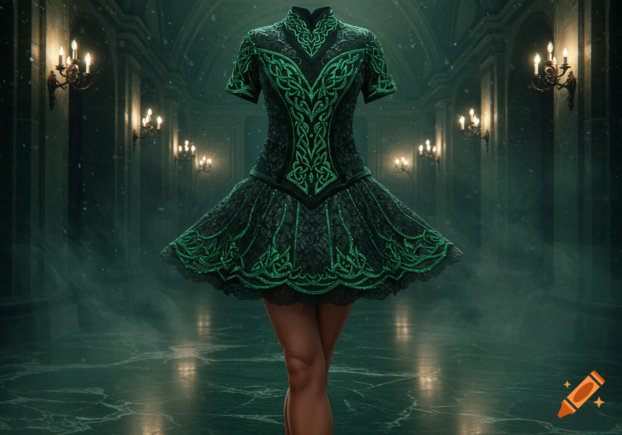 A green and black lace gothic Irish dance dress with Celtic knots in a dark, snowy hall.