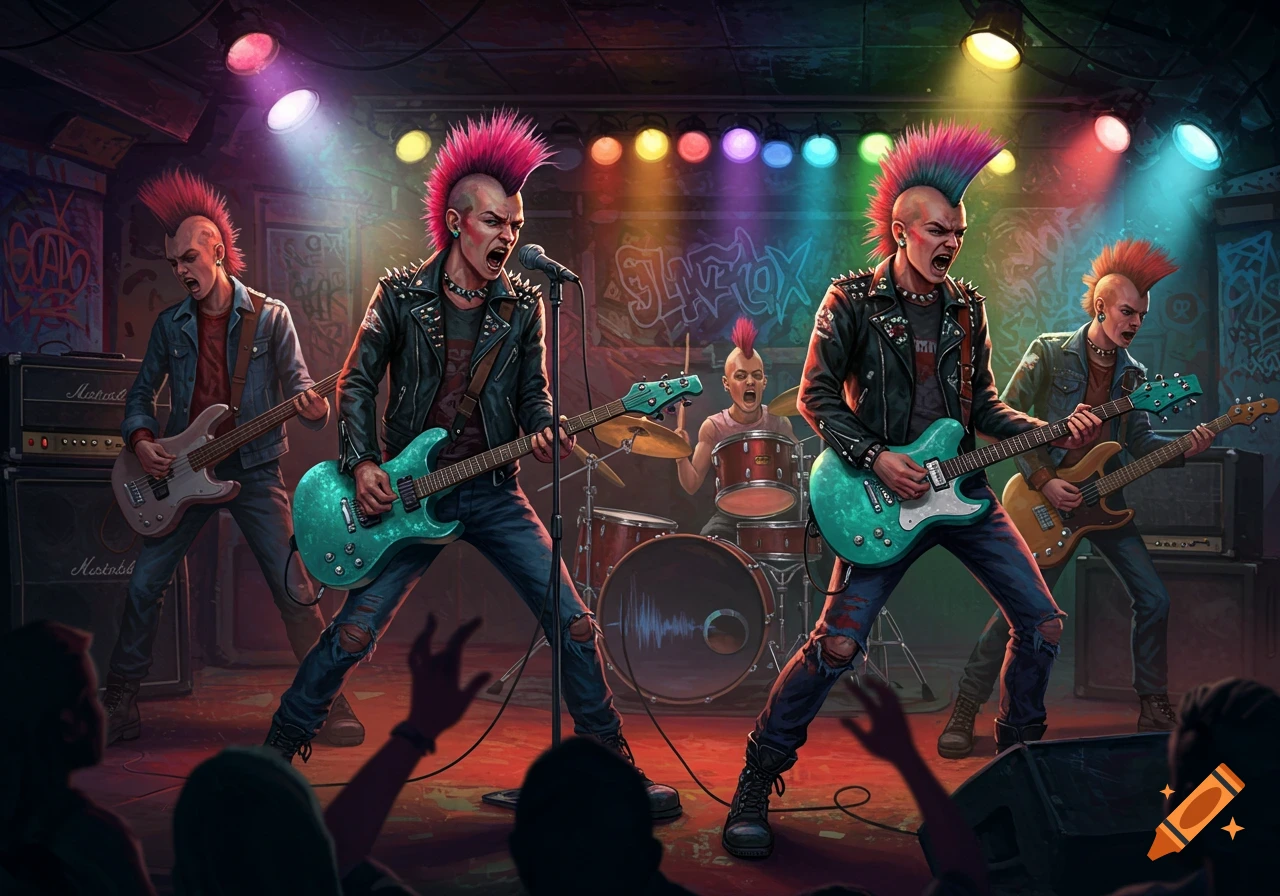 A vibrant drawing of a five-member punk rock band performing on stage in a club with colorful stage lights and graffiti on the walls. Two guitarists with bright pink mohawks are at the forefront, actively playing their instruments and singing into microphones, while a bassist, a second guitarist, and a drummer are visible in the background.