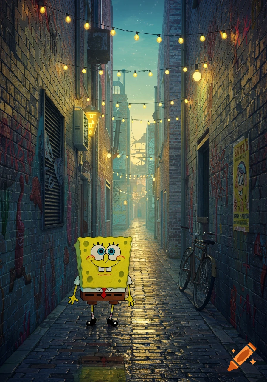 SpongeBob SquarePants stands in a dark, atmospheric alleyway illuminated by string lights, with brick walls and a bike.