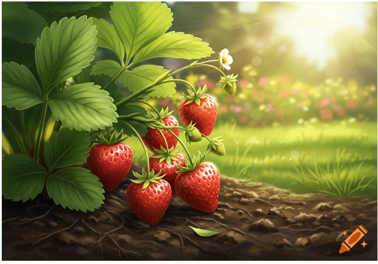 Vibrant red strawberries grow on a plant in rich soil, with a sunny, blurred garden background.