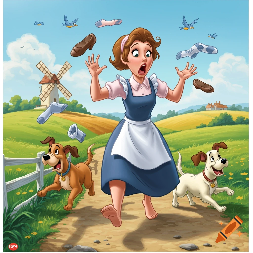 A barefoot cartoon woman in a blue dress and apron, with a shocked expression, dropping her shoes and socks while being chased by two dogs on a rural path with a windmill.