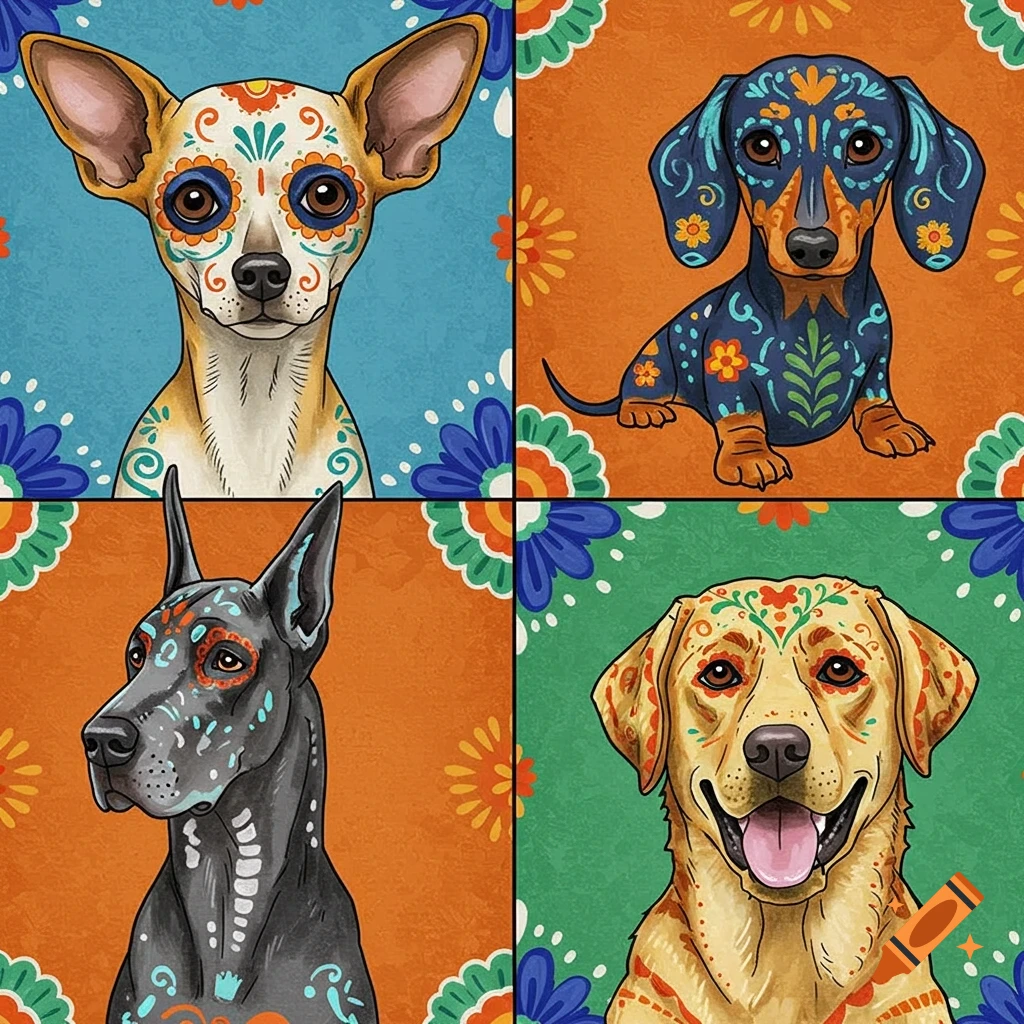 Four colorful panels each depict a different dog breed adorned in sugar skull style against vibrant patterned backgrounds.