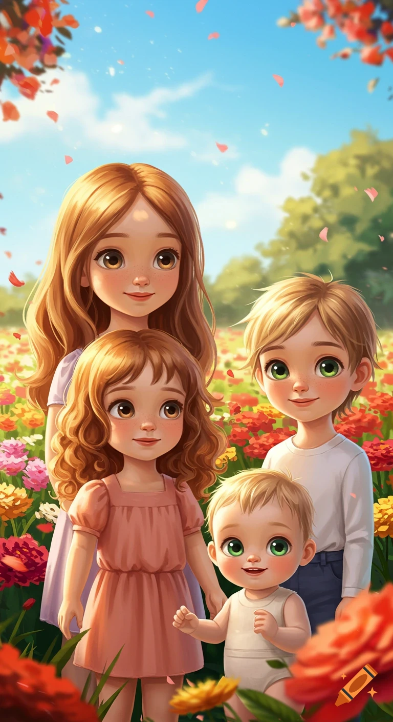 Three smiling cartoon children, two girls and a baby boy, stand in a vibrant flower field under a sunny sky with falling petals.