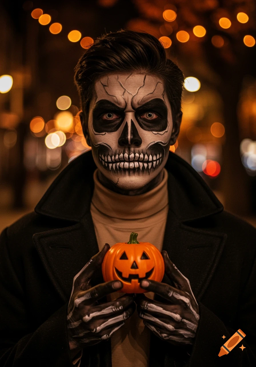 A person in skull Halloween makeup, wearing a dark coat and turtleneck, holding a small jack-o'-lantern against a bokeh background of orange lights.