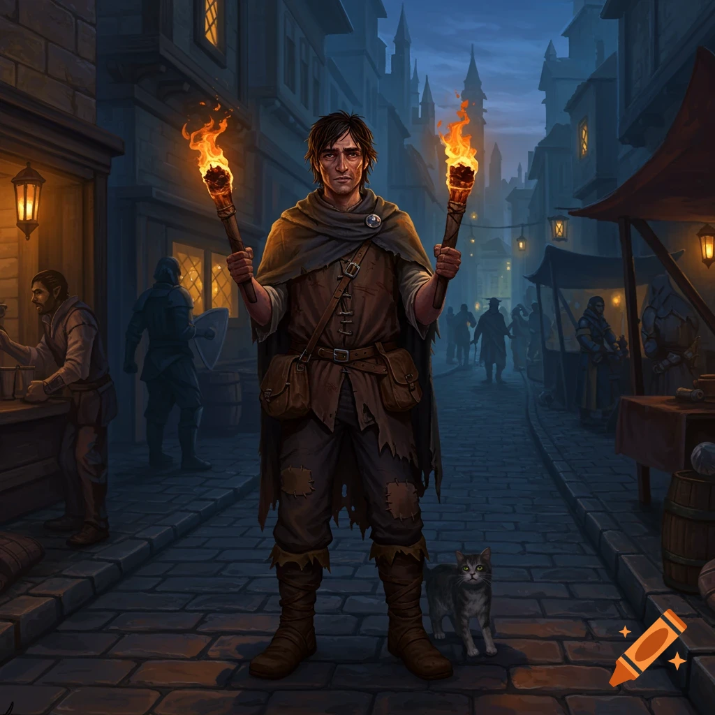 A man in tattered clothes and a cloak stands in a dark, medieval street at night, holding two lit torches, with a small cat at his feet. Digital painting.