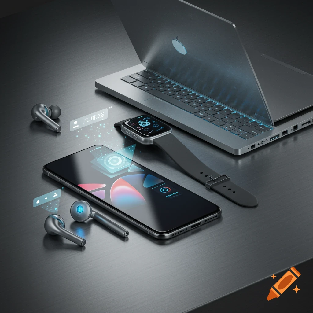 A laptop, smartphone, smartwatch, and wireless earbuds on a metallic surface with glowing holographic interfaces.