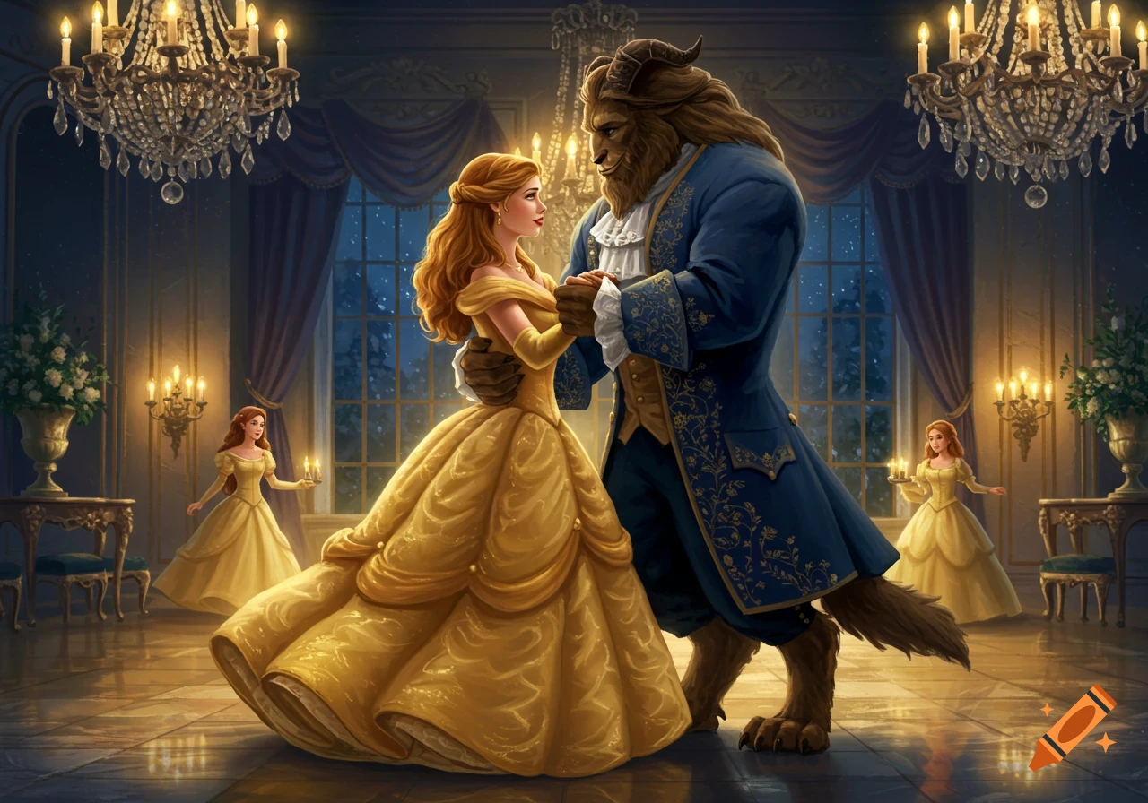 Belle in a yellow gown dances with the Beast in a blue coat in a grand ballroom under chandeliers.