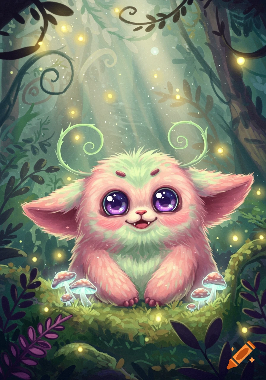 A cute pink and green furry creature with big purple eyes and curly green antlers sits in a glowing magical forest with mushrooms, in a colorful illustration.