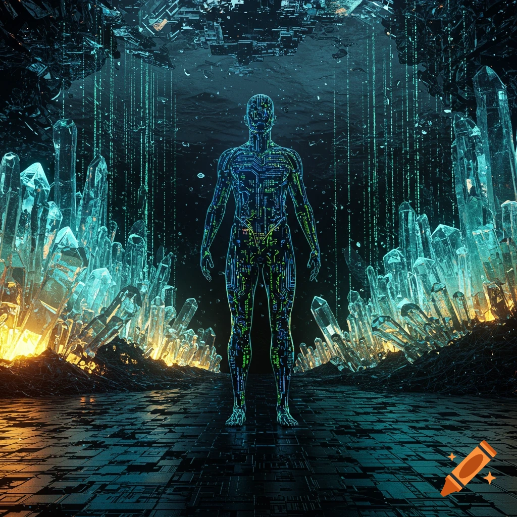 A glowing circuit-patterned human figure stands in a cave of illuminated blue and orange crystals with digital rain falling.