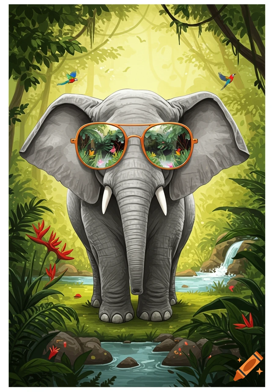 A stylized illustration of an elephant wearing orange sunglasses in a vibrant green jungle with a waterfall.