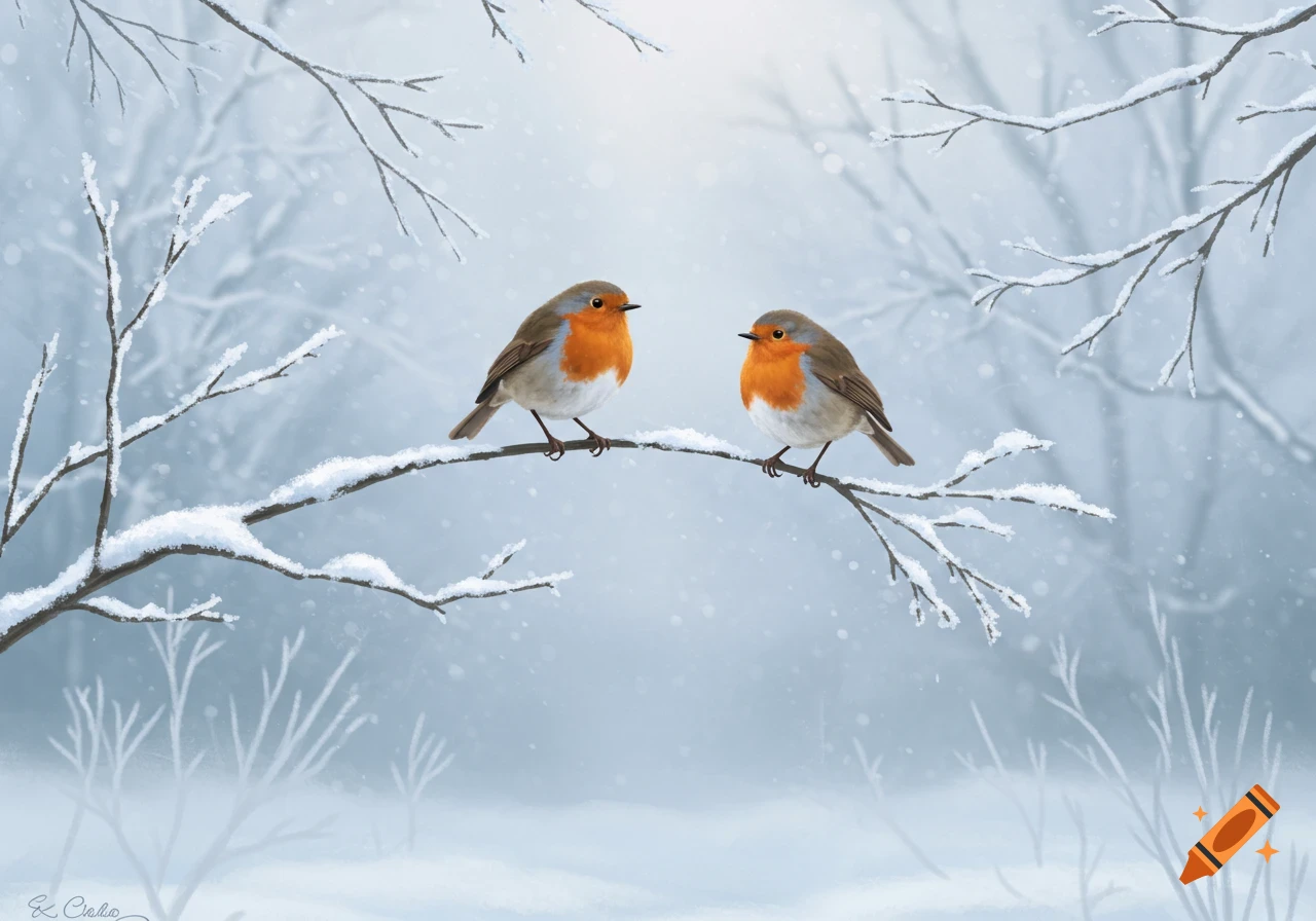 Two robin redbreasts perch on a snow-covered branch in a serene winter forest scene.