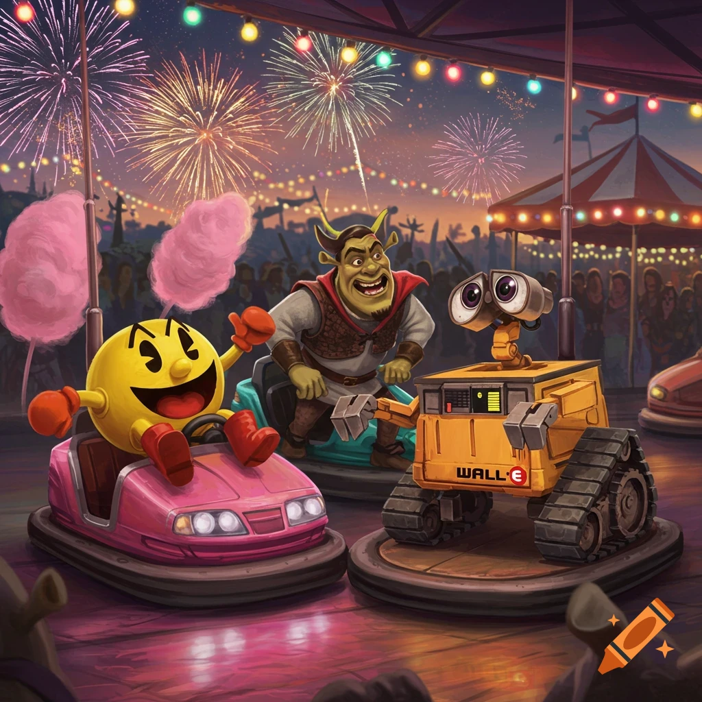 Pac-Man, a Shrek-like character, and WALL-E at a carnival bumper car ride under a fireworks display at dusk. Pac-Man in a pink bumper car holds cotton candy.