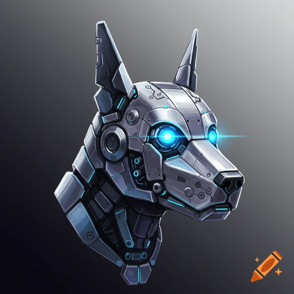 Close-up of a futuristic robotic dog head with glowing blue eyes, intricate metallic details, and sharp ears.