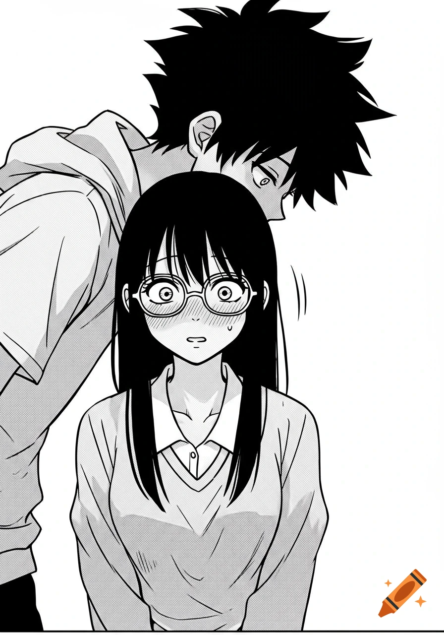 Black and white manga illustration of a surprised girl with glasses, blushing, as a boy with spiky hair looks over her shoulder.
