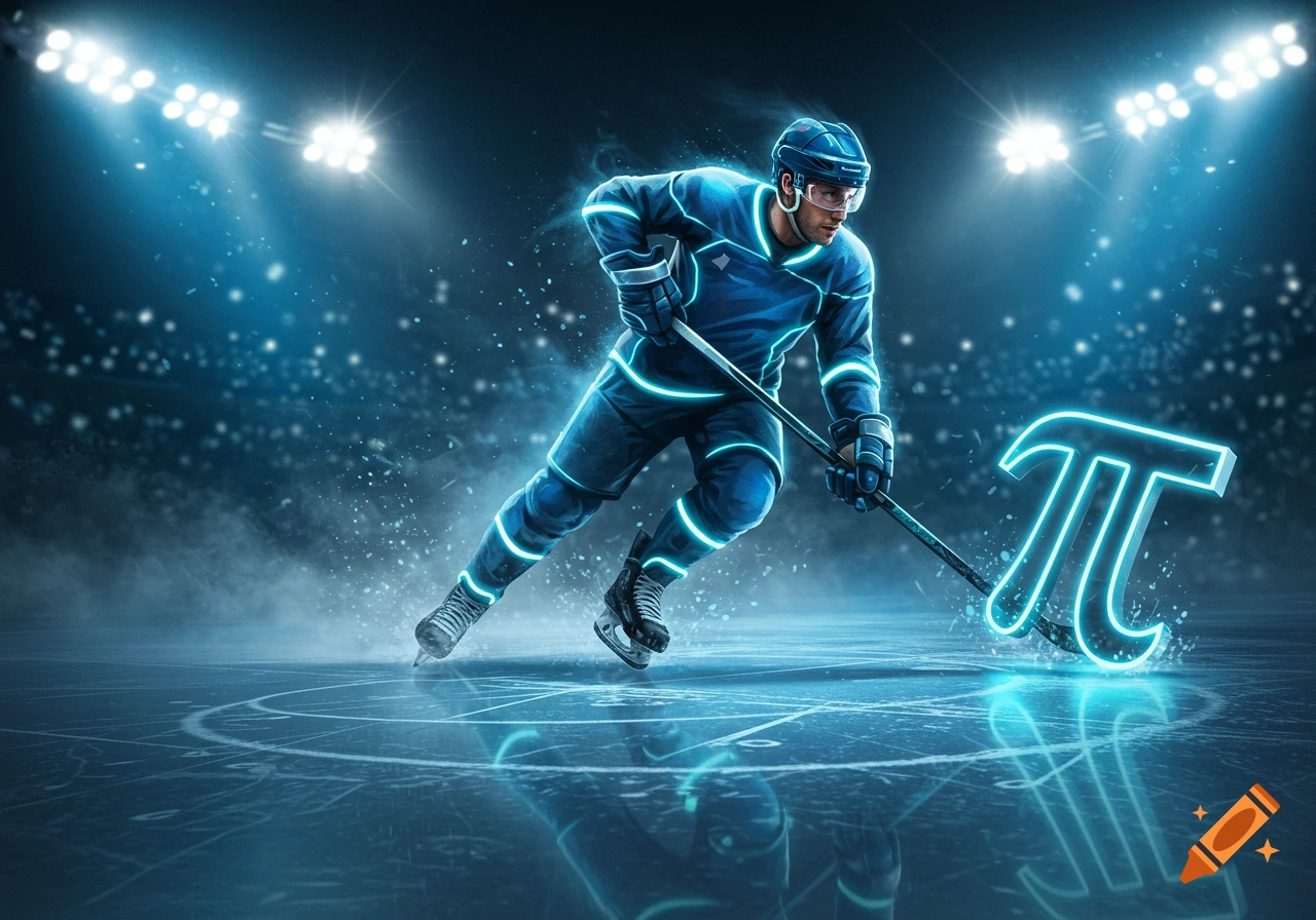 A stylized hockey player in a glowing blue uniform skates on an ice rink, pushing a large glowing neon pi symbol with a hockey stick, under bright arena lights.