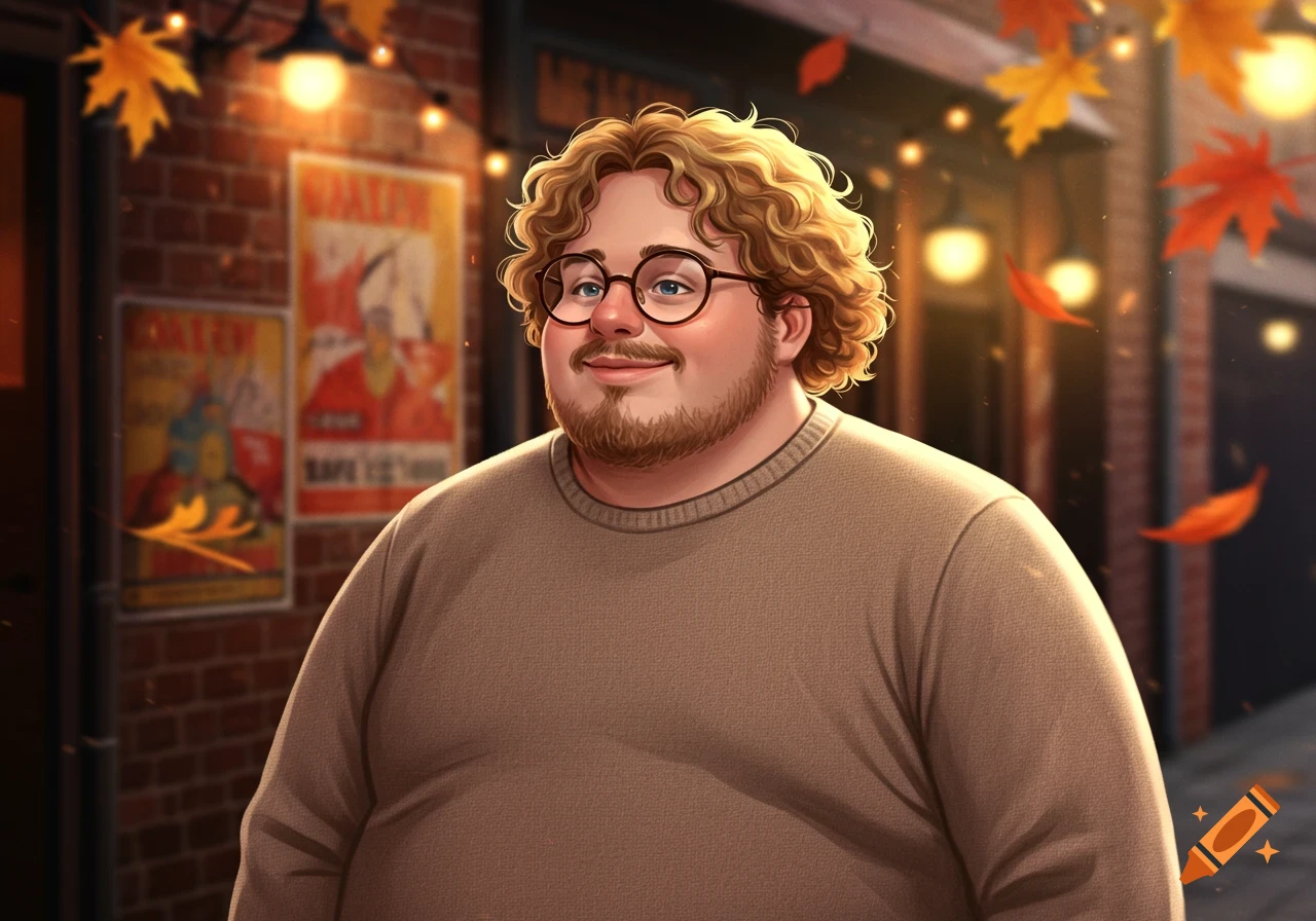 A smiling man with curly blonde hair and glasses stands outdoors in autumn, with glowing string lights and falling leaves in the background.