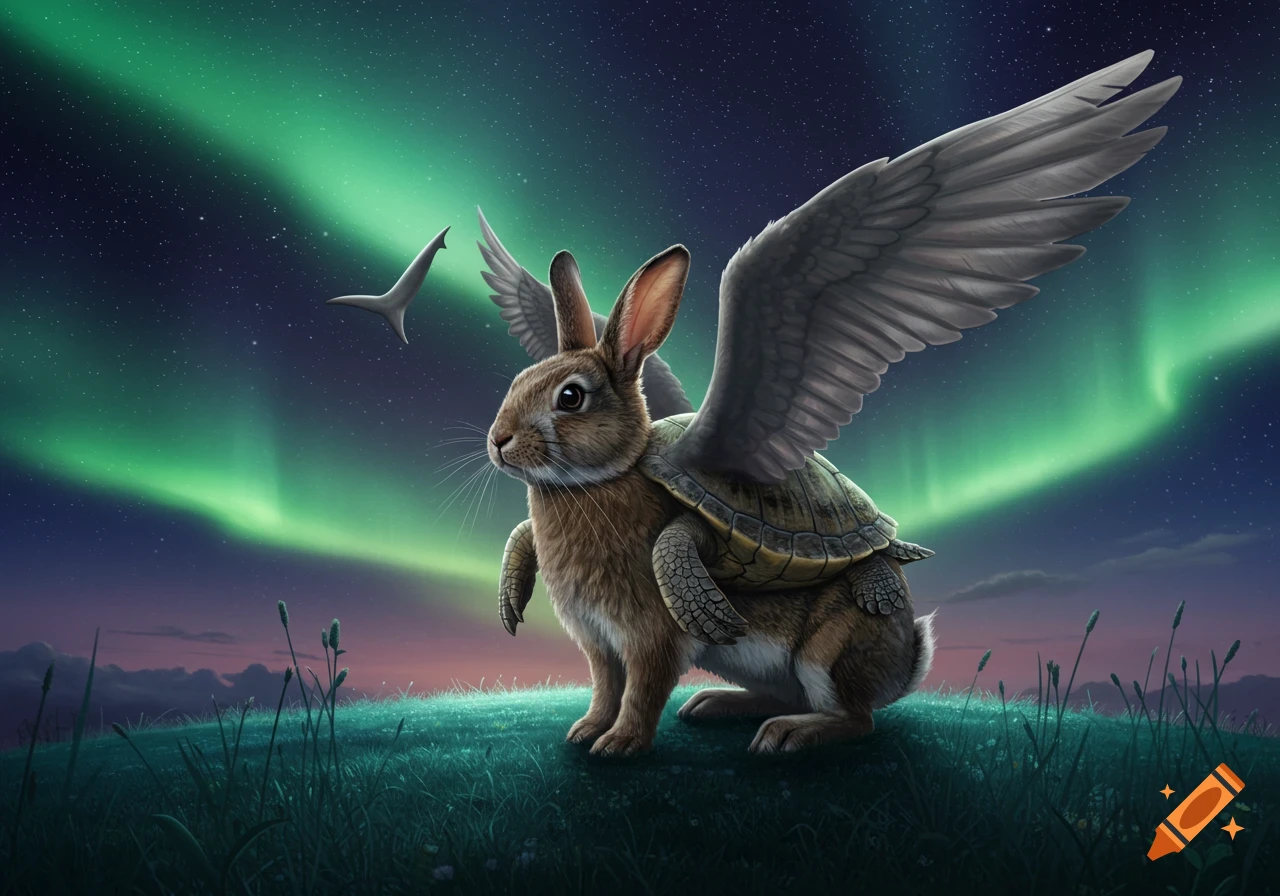 A brown rabbit with gray feathered wings and a turtle shell on its back stands on a grassy hill under a starry night sky with green aurora borealis. A shark fin floats in the distance.