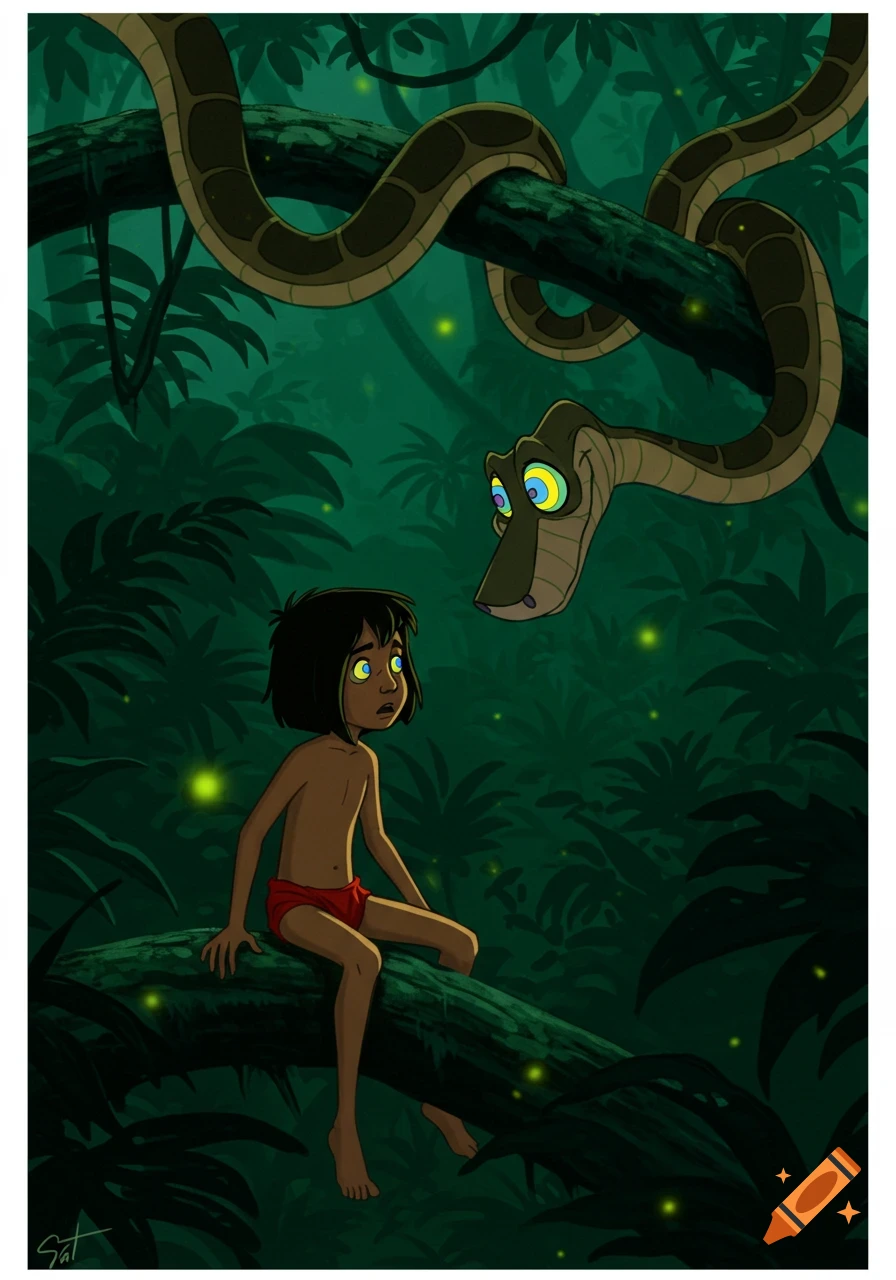Cartoon illustration of Mowgli with hypnotic eyes looking at Kaa the snake, also with hypnotic eyes, in a dark jungle.