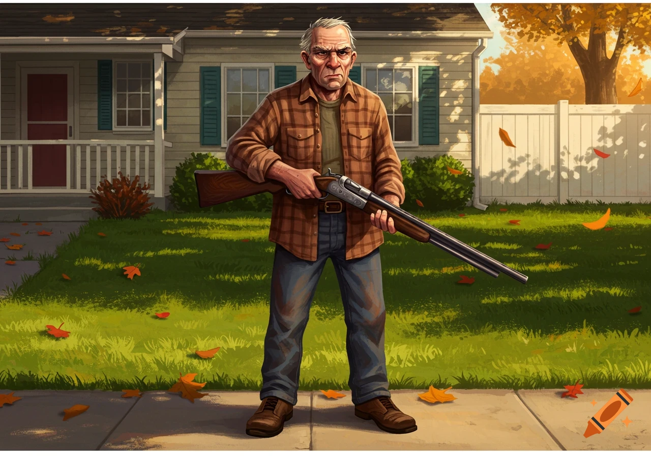 Grumpy old man in a plaid shirt and jeans holding a shotgun on his lawn with autumn leaves, illustration.