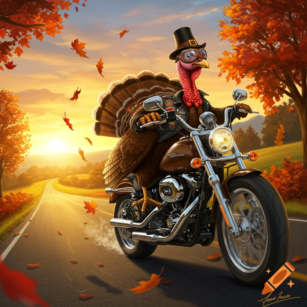 Cartoon turkey in a top hat and goggles rides a motorcycle down an autumn road with falling leaves and a sunset.