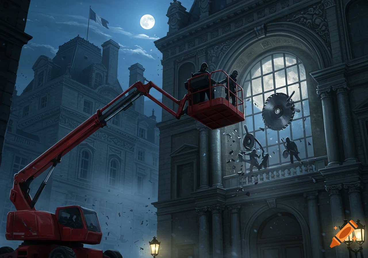 A red scissor lift elevates figures breaking into a large window of a grand old building at night, with a full moon and flying debris.