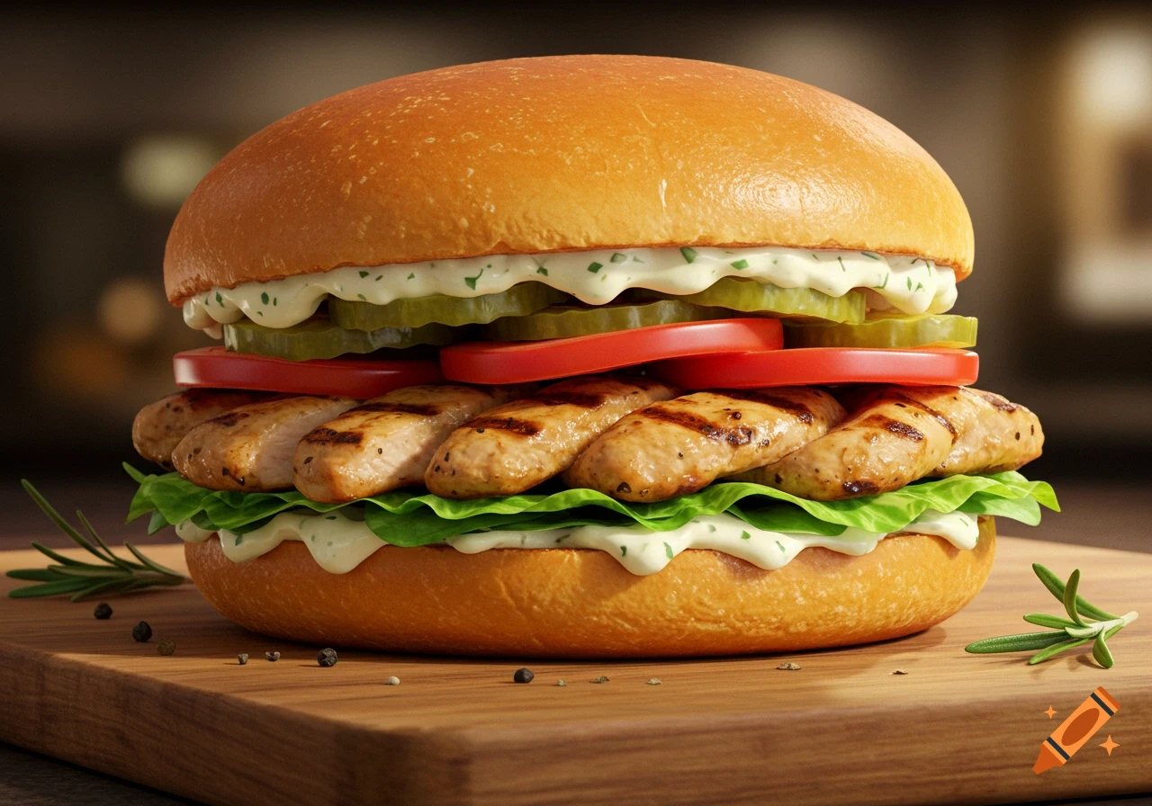 A close-up, photorealistic chicken sandwich with lettuce, tomato, pickles, and sauce on a wooden board.