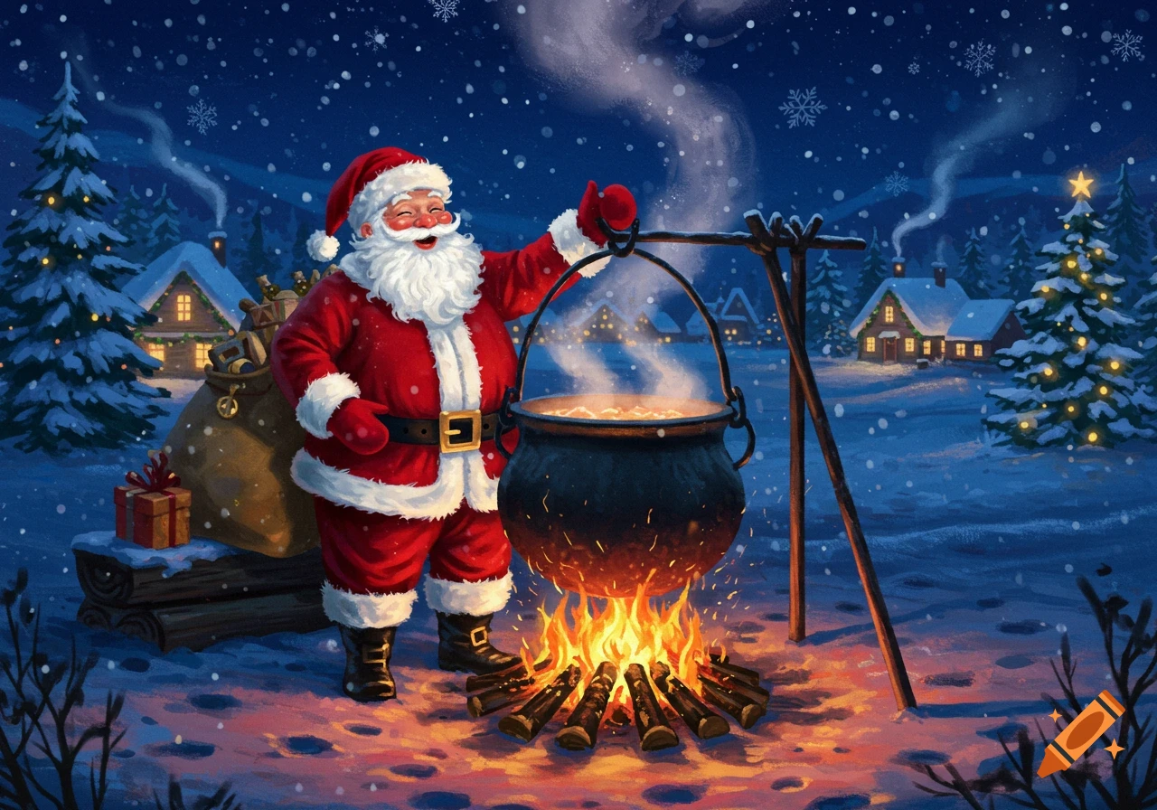 Illustrative image of Santa Claus cooking over a campfire in a snowy Christmas village at night.