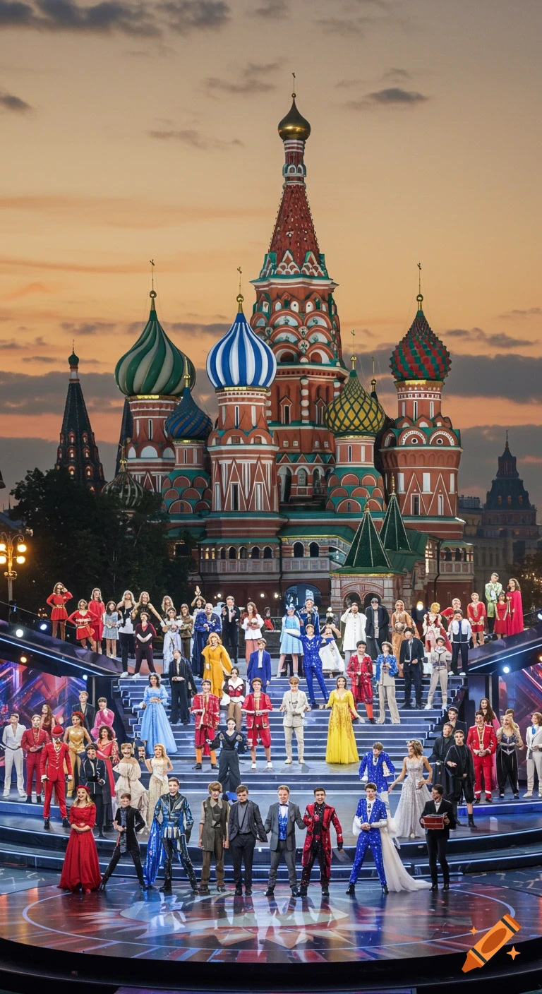 A large group of performers in colorful costumes stands on a multi-tiered stage in front of St. Basil's Cathedral at sunset.