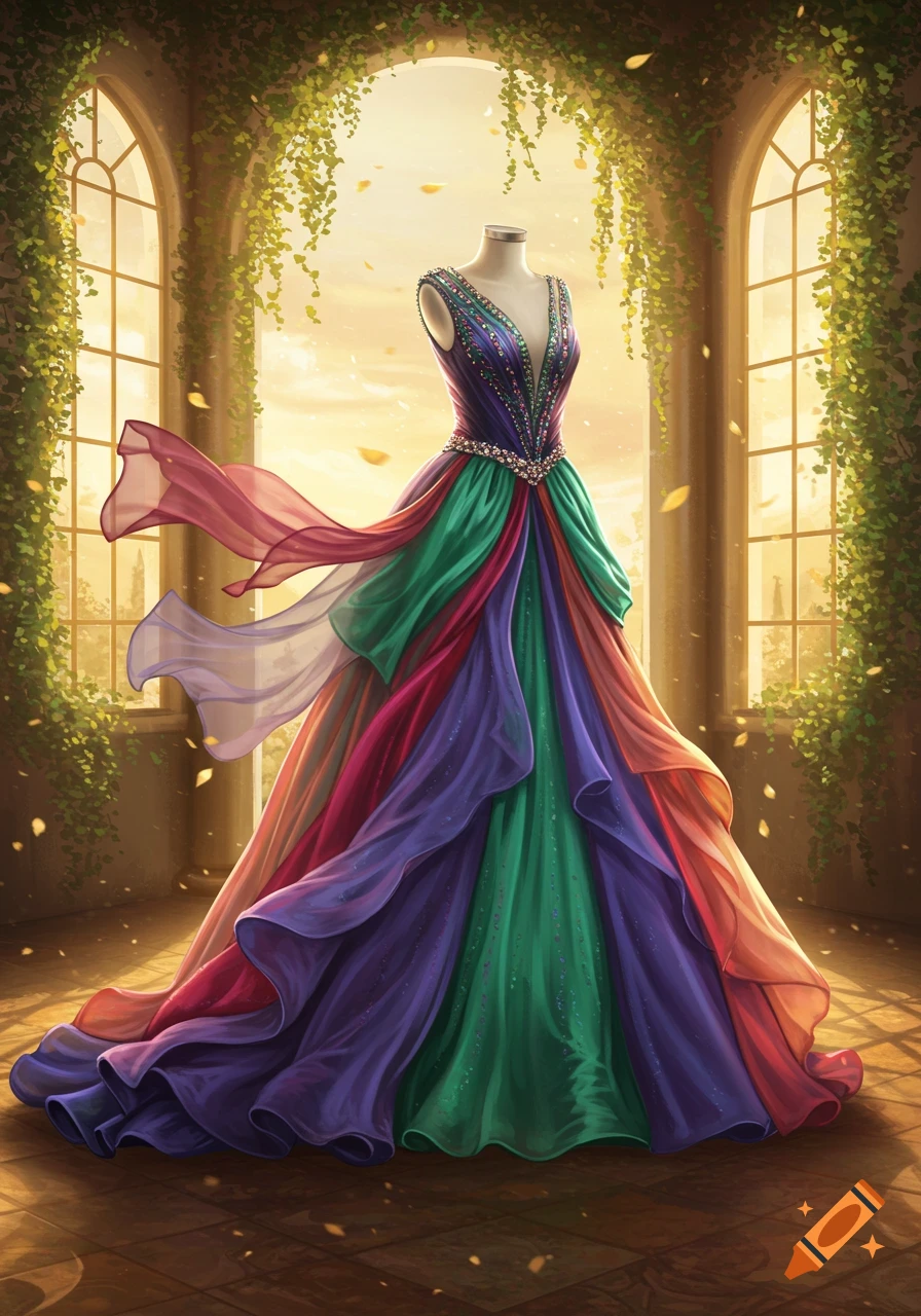 A vibrant, flowing multi-colored dress with an embellished bodice on a mannequin in a sunlit grand hall with arched windows and vines.