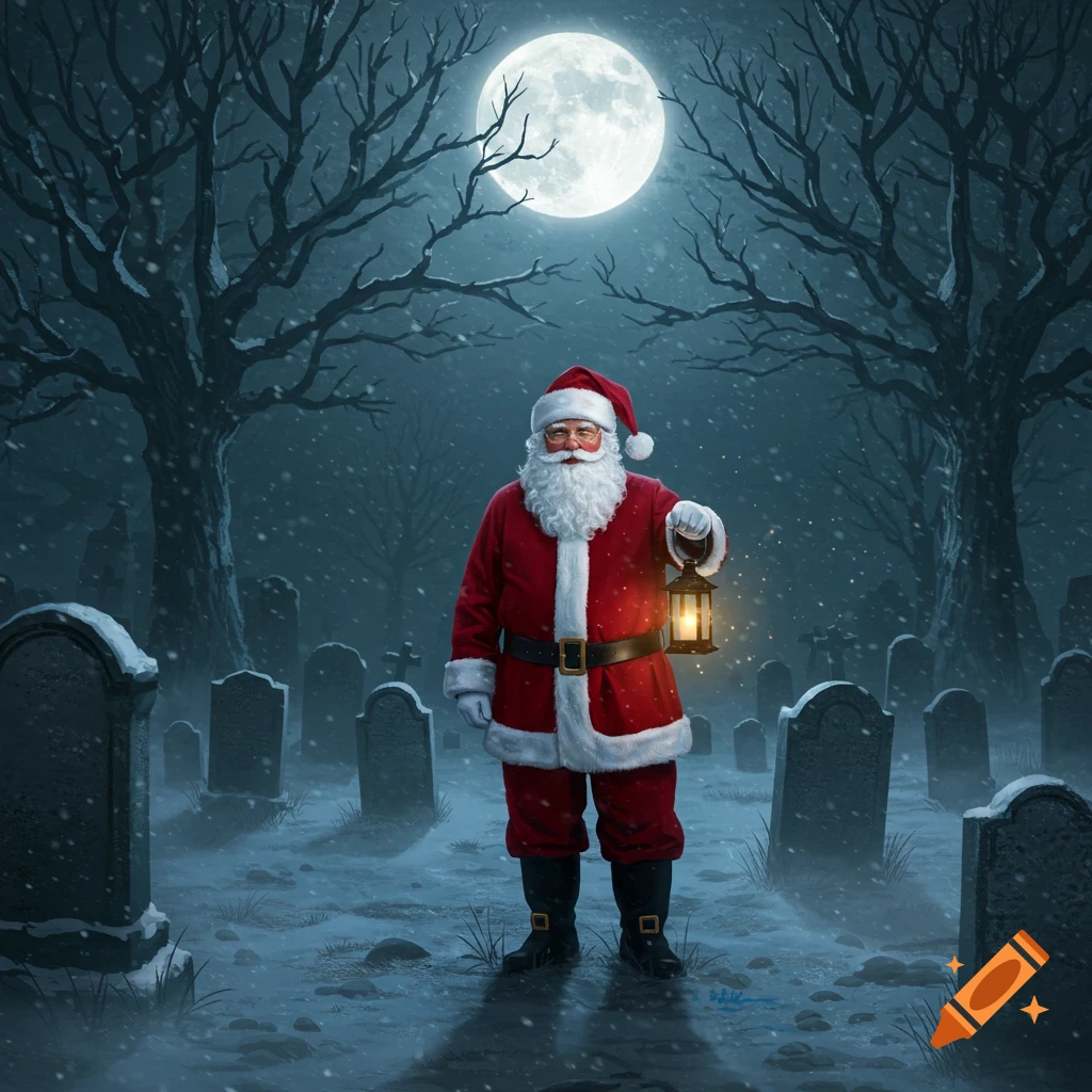 Santa Claus in a snowy graveyard at night, holding a lantern under a full moon among bare trees.