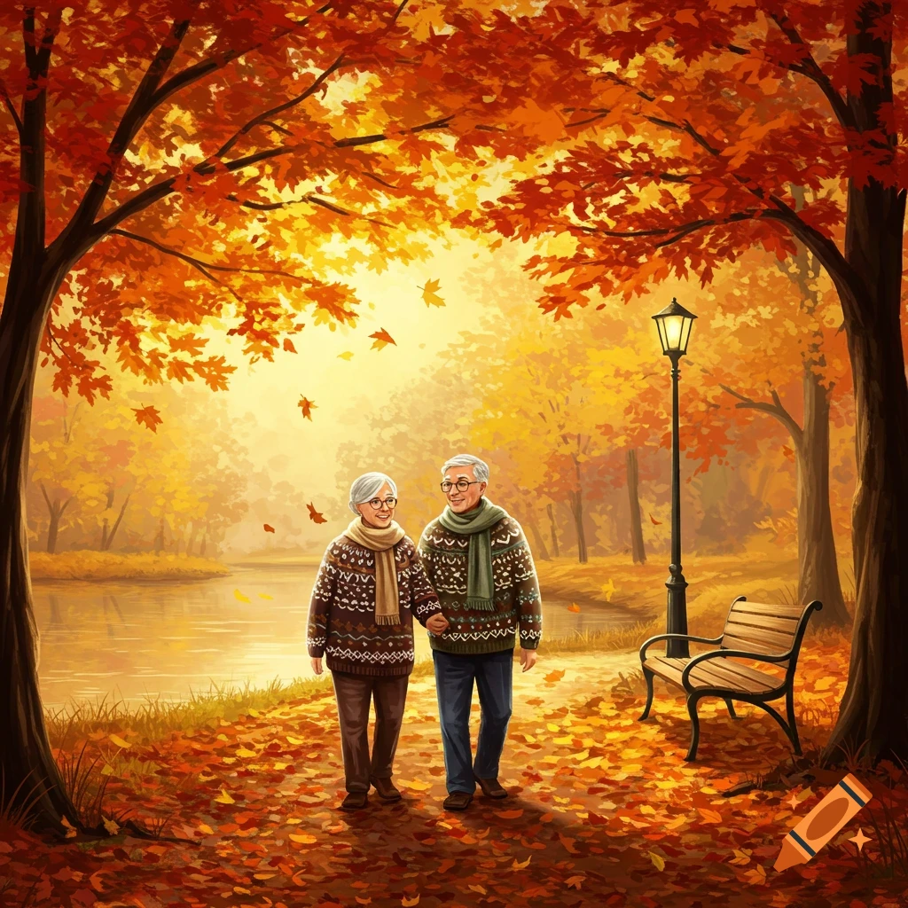 Illustrative painting of an elderly couple walking hand-in-hand through an autumnal park with vibrant red and orange trees.