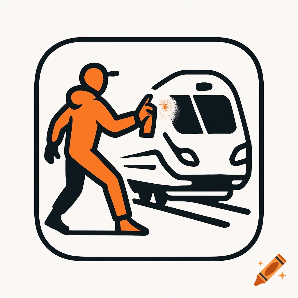 Minimalist app logo of an orange figure spray painting the front of a white train.