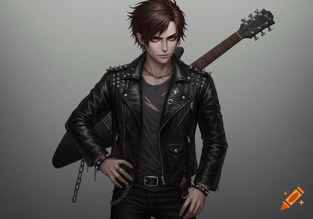 An anime-style young man with brown hair and orange eyes, wearing a black studded leather jacket, holding a guitar on his back, with a gothic-rock vibe.