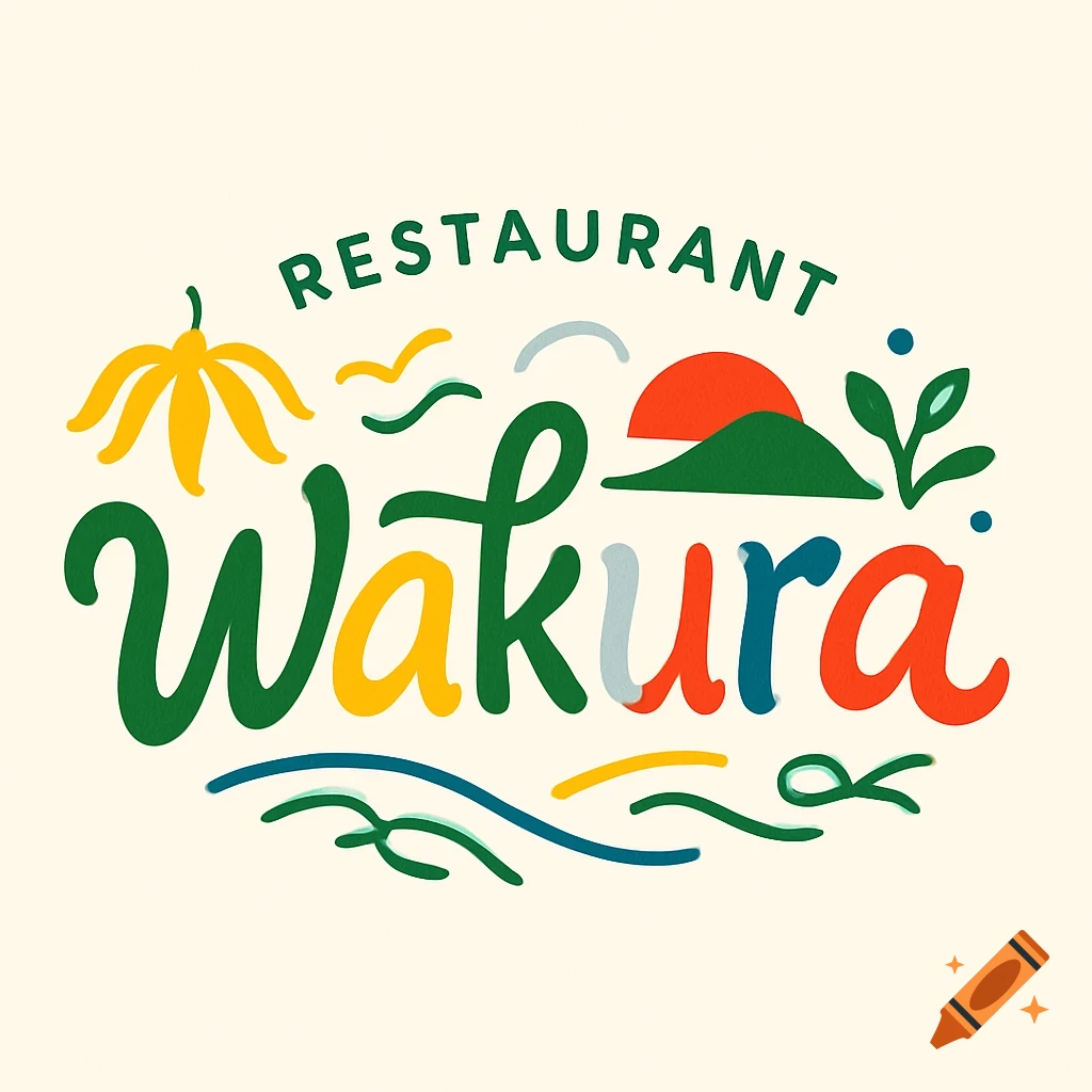 Colorful whimsical logo for 'Wakura Restaurant' featuring abstract flower, sun, mountains, and waves on a cream background.