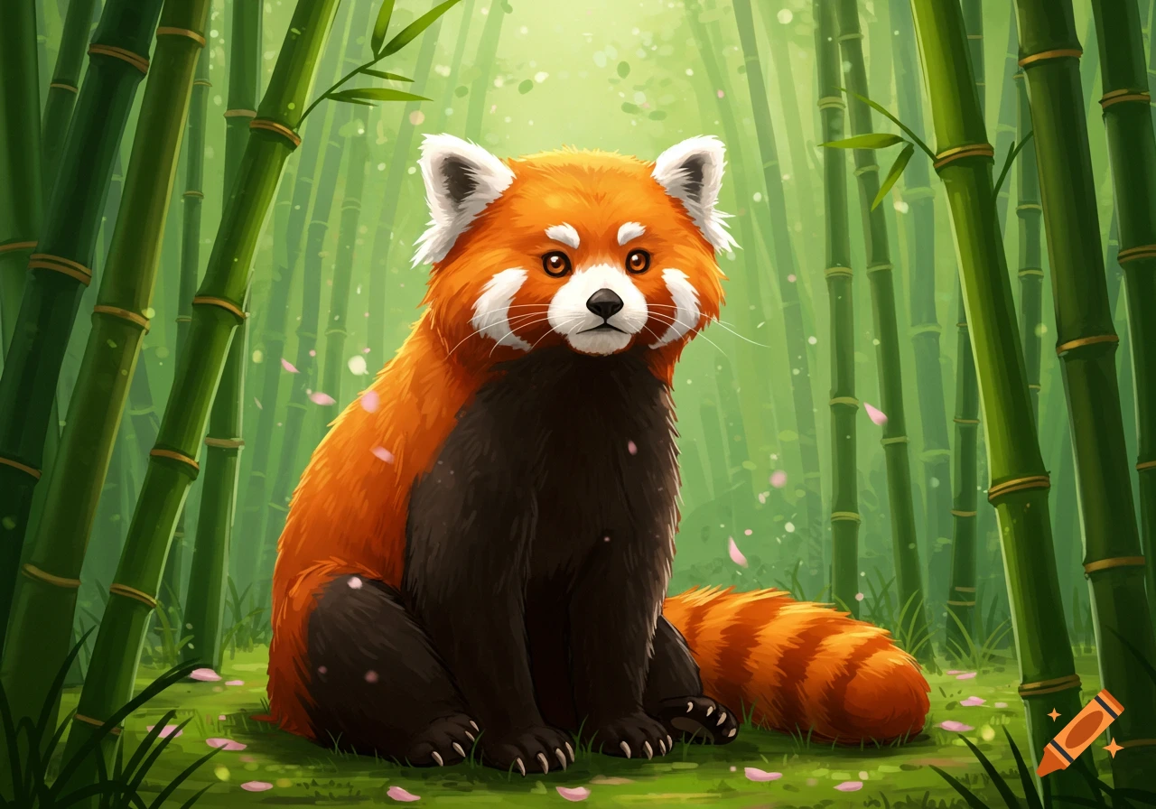 A vibrant illustration of a red panda sitting in a bright bamboo forest, looking forward.